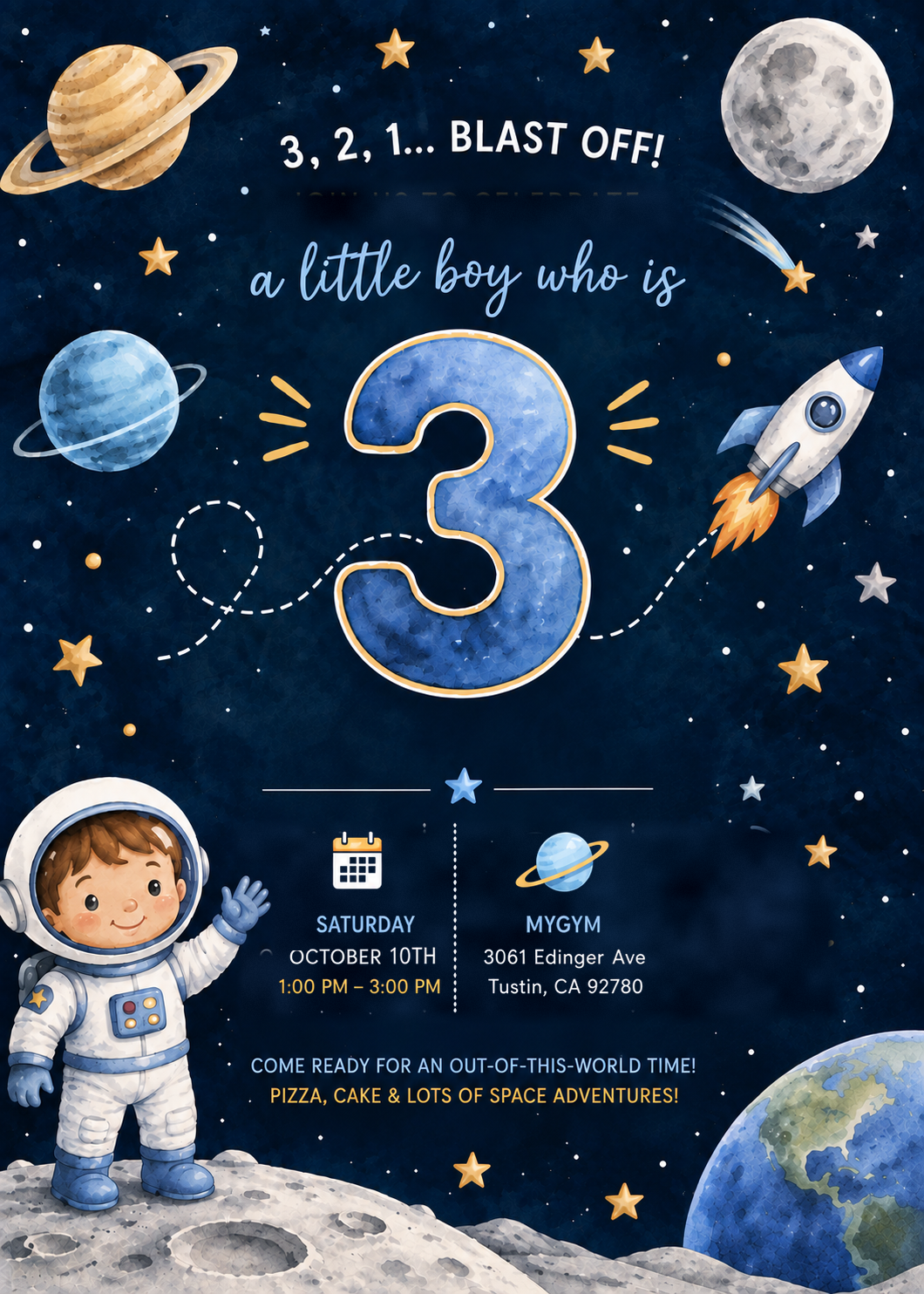 3, 2, 1 Blast Off — invitation to Nico's third birthday